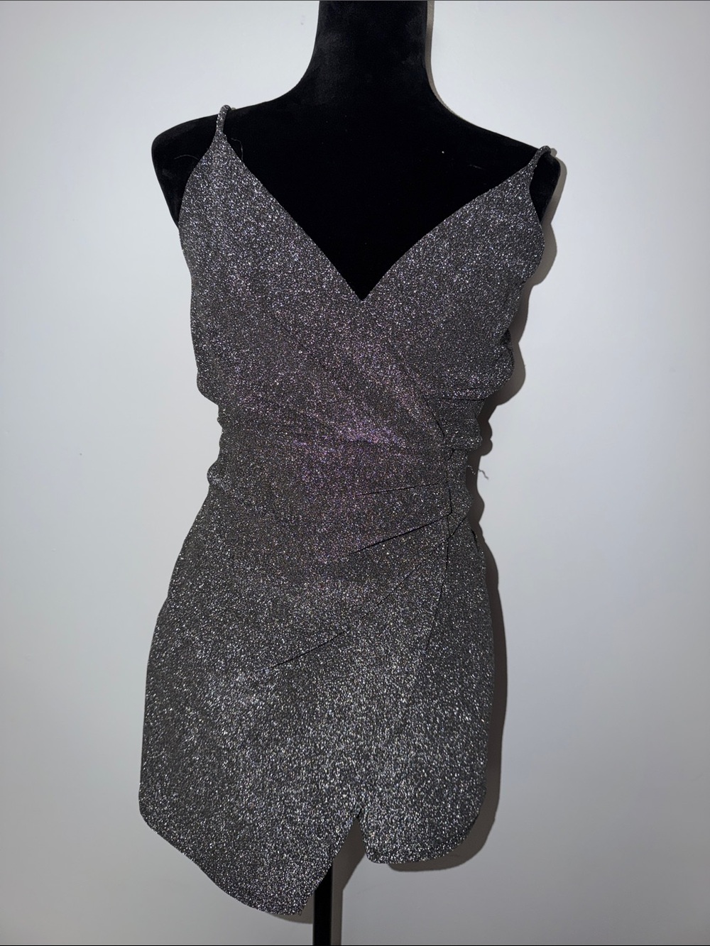 AKIRA Silver Sparkle Wrap Mini Dress Romper
